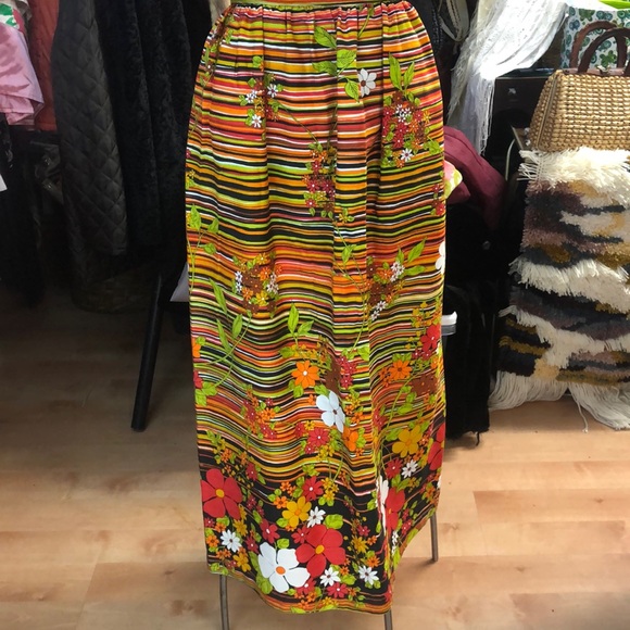 Vintage Dresses & Skirts - Vintage 1960’s maxi hippie skirt- stripes with large floral- zipper, metal clasp